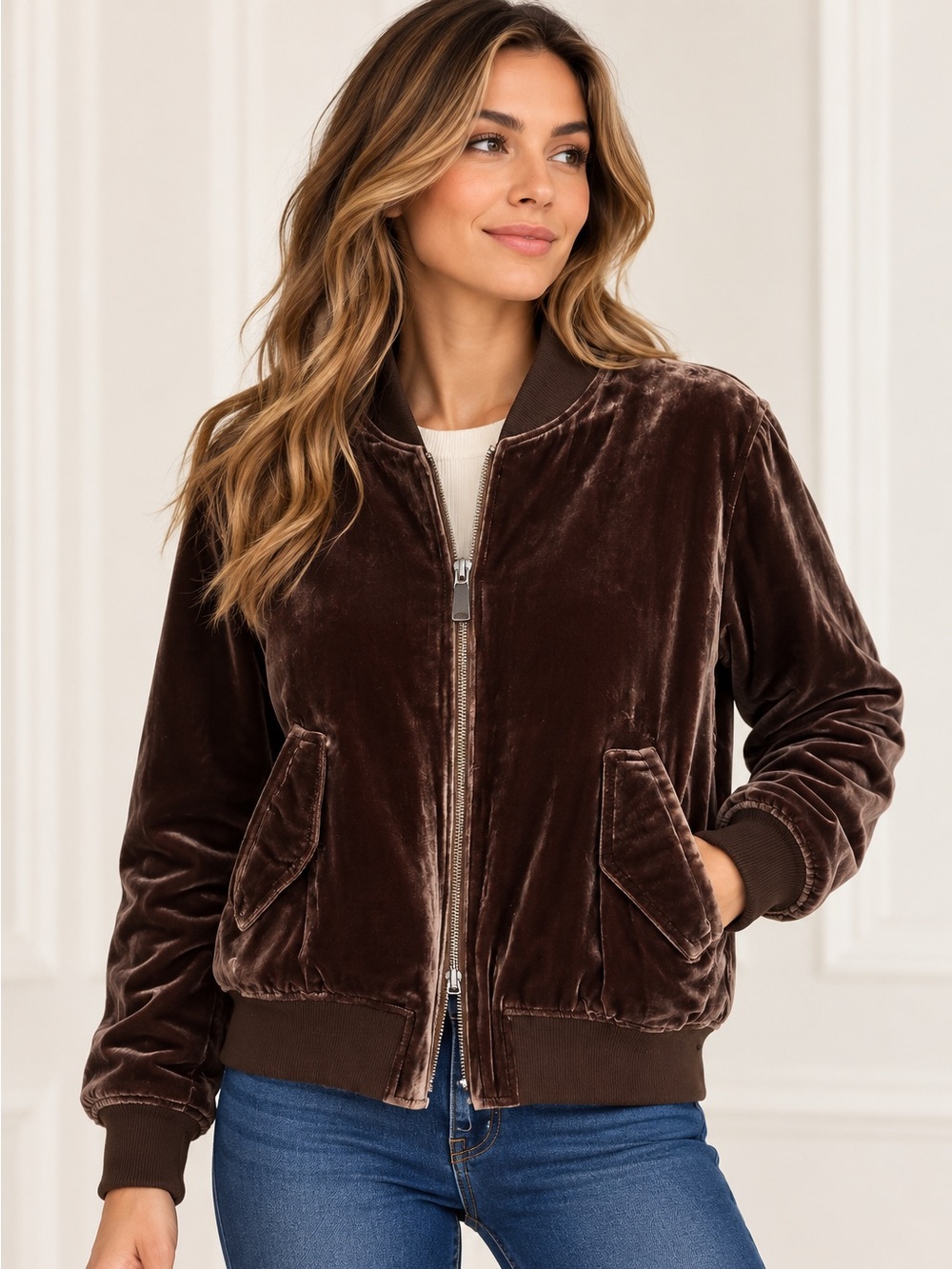 Vince Saddle Brown Velvet Bomber